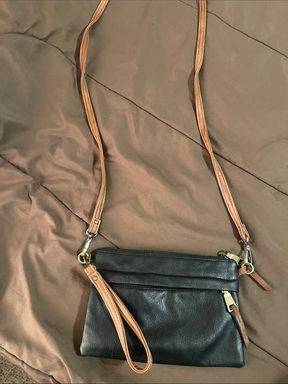 Leather Crossbody Wristlet Bag in Black and Tan